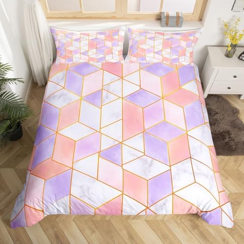 Grids Comforter Cover Pink Grey Plaid Print Bedding Set for Adult Women Girls Home Bedroom Decor Duvet Cover Tie Dye Graffiti Style Bedspread Simple Geometric Stripe Soft Reversible Quilt Cover, Full