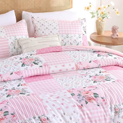YIKUSH Pink Floral Twin Comforter Set, Soft Lightweight All Season Bedding Set for Women Girls, Cozy Cottagecore Botanical Comforter Twin Size with 1 Pillow Shams, Breathable Floral Bed Set