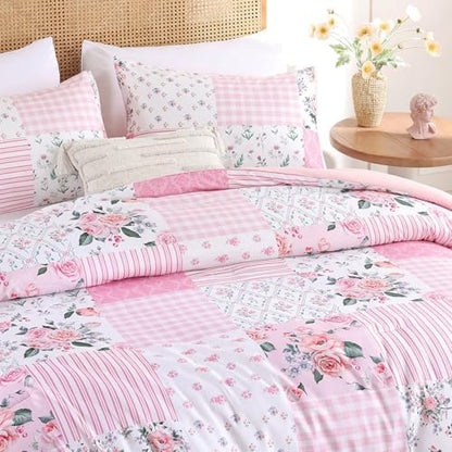 YIKUSH Pink Floral Queen Comforter Set, Soft Lightweight All Season Bedding Set for Women Girls, Cozy Cottagecore Botanical Comforter Queen Size with 2 Pillow Shams, Breathable Floral Bed Set