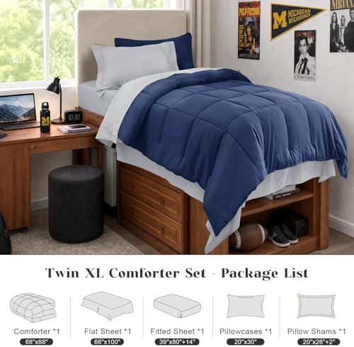 JOLLYVOGUE Twin XL Comforter Set, Ultra-Soft Bed in a Bag Twin XL Size 5 Pieces, Oeko-TEX Certified Bedding Set with Down Alternative Comforter, Sheets, Pillowcases & Shams, Navy Blue & Light Grey