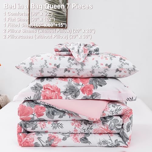 lasoftan Floral Queen Comforter Set with Sheets, 7 piece Luxury Vintage Bedding, Soft Microfiber Bed in a Bag, Cozy Lightweight Bed Set, Pink Flower Grey Leaf