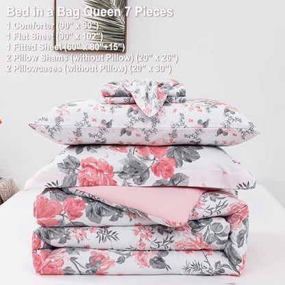 lasoftan Floral Queen Comforter Set with Sheets, 7 piece Luxury Vintage Bedding, Soft Microfiber Bed in a Bag, Cozy Lightweight Bed Set, Pink Flower Grey Leaf