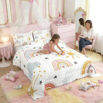 Rainbow Comforter Set for Girls, Sun and Stars Bedding Set King for Kids Boys Children Cartoon Cloud Bedding Comforters Girly Soft Microfiber Machine Washable Duvet Insert for Bedroom Decor