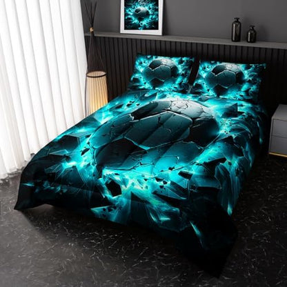 Nttopship Soccer Bedding Comforter Set Twin Size for Kids Teens and Adults, Turquoise Black Football Printed Bedding Sets 3 PCS,Ball Sports Themed Bedroom Decor with 1 Comforter and 2 Pillowcases