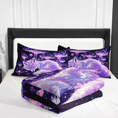 Nttopship Fox Comforter Bedding Set Queen Size,Cute Cartoon Forest Fox Printed Quilt Set for Kids Boys Girls, Cartoon Fantasy Mushrooms Comforter Set Wildlife Bedroom Decor