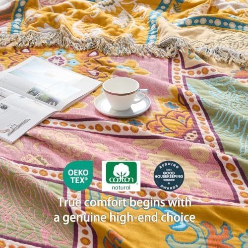VANJOROY Boho Throw Blanket, 100% Organic Cotton Breathable Skin-Friendly Ultra Soft 80" x 90" Bed Patchwork Throw - Floral Rustic Luxury Reversible Blanket for Sofa Couch Chair and Gift,