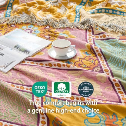 VANJOROY Boho Throw Blanket, 100% Organic Cotton Breathable Skin-Friendly Ultra Soft 80" x 90" Bed Patchwork Throw - Floral Rustic Luxury Reversible Blanket for Sofa Couch Chair and Gift,