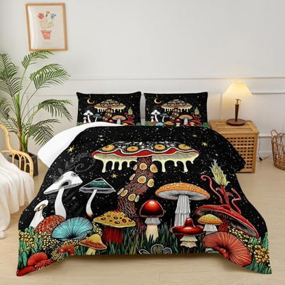 Mushroom Comforter Queen Bed Set，Queen Size Mushroom Bedding Set，with 1 Comforter with 2 Pillow Case