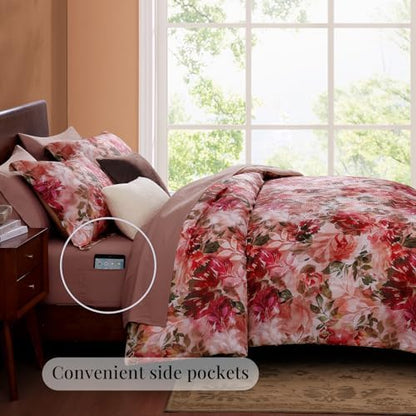 CASAAGUSTO King Comforter Set, 7 Piece Red Rose Floral Comforter Set with Flowers Leaves Pattern, Soft Seersucker Design All Season King Size Bedding Set