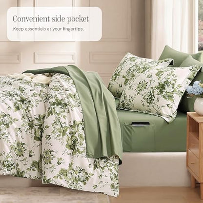 BLOOMHAVEN Queen Comforter Set-7 Pieces Green Floral Bed in a Bag Queen