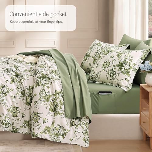 BLOOMHAVEN King Size Comforter Set-7 Pieces Green Floral Bed in a Bag King