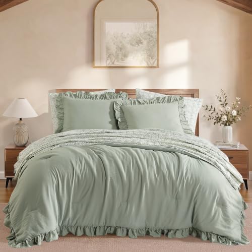 BLOOMHAVEN Full Size Comforter Sets-7 Pieces Ruffle Bedding Floral Sheet
