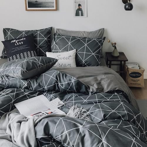 mixinni Full Size Comforter Set Soft Geometric Grey Geometric Checkered Plaid Printed Bedding Comforter for Men Boys, 1 Soft Microfiber Reversible Comforter with 2 Pillowcases for All Seasons