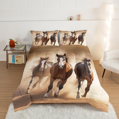 HOSIMA Brown Horse Comforter Sets King Size,3D Handsome Horse Galloping Printed Bedding Set for Adults Teens Boys Room Decor,Wildlife Theme Bedding Sets King Size with 2 Pillowcases.
