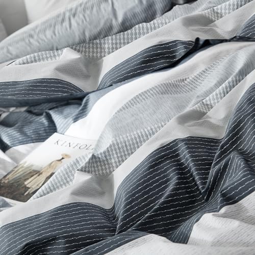 mixinni Farmhouse Queen Gray Striped Comforter Set Queen Size Bed Fluffy Geometric Pattern Comforter for Boys Men, 1 Geometric Comforter and 2 Pillow Shams, All Season-Queen Size