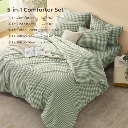 Litanika Twin/Twin XL Comforter Set 5 Pieces Sage Green Gingham
