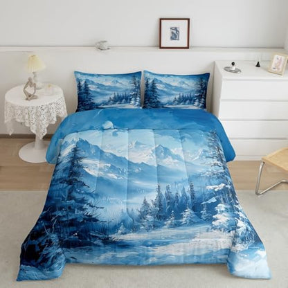 Snow Scenery Woodland Bedding Set Full Size,Pine Tree Winter Theme Comforter Set for Kids Boys Girls Room Decor,Snowmountain Nature Scenery Duvet Insert 3Pcs,Rustic Style Quilt Set,2 Pillowcases