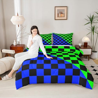 Feelyou Checkered Retro Comforter Set All Season Modern Geometric Cute Bedding Set with 1 Pillow Cases Blue Green Kids Toddler Bedclothes Vintage Simple Groovy Aesthetic Bedroom Decor Duvet Quilt