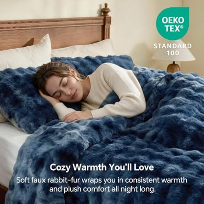 BEDELITE Tie Dye Faux Fur Comforter Set King,Thick Winter Comforter,Navy