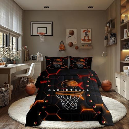 Boys Basketball Theme Twin Size Comforter Set,Kids Red Yellow Decor All Season Bedding Set,Teens Sports Games Comforter,Children Honeycomb Decor Quilt Set Bedroom Collection 2Pcs