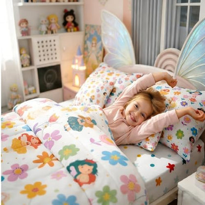 Erosebridal Cute Floral Twin Comforter Set with Sheets Boho Floral Kids Cartoon Fairy Princess 7 Piece Bedding Set Spring Rustic Flowers Bed in a Bag, Kawaii Elf Room Decor,White