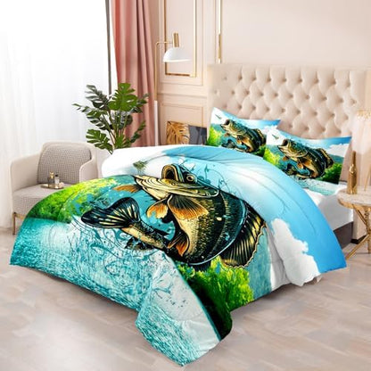 LUVIVIHOME 3PCS Fishing Comforter Set Full Size, Bass Fish Bedding for Kids Boys, Forest Wildlife Hunting Animal Country Rustic Farmhouse Bedroom Decor, Soft Microfiber Quilt, 2 Pillow Shams
