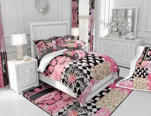 Halloween Crow Comforter Set Queen Size,Suger Skull Rose Flowers Spider Print Bedding Set,Patchwork Pink Black Grid Striped Quilt Set,Gothic Boho Duvet Insert Kids Girls Teens Halloween Decor