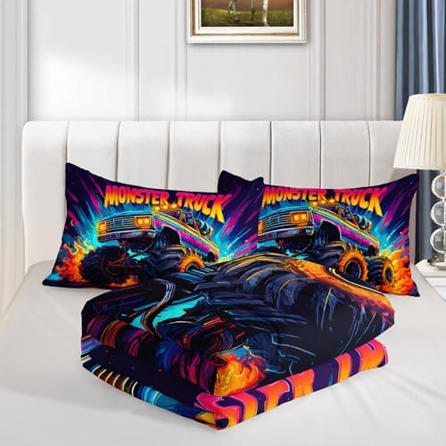 Kids Cartoon Truck Comforter Set Queen Size with 2 Pillowcases.