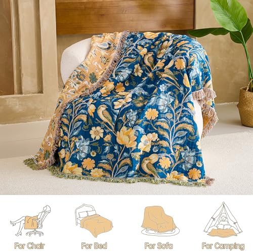 VANJOROY Boho Throw Blanket, 100% Organic Cotton Breathable Ultra Soft 91" x 108" King Bed Quilt Throw - All Season Floral Rustic Farmhouse Decor Luxury Blanket for Sofa Couch Chair and Gift