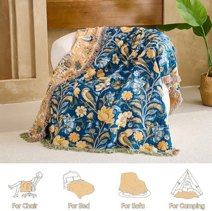 VANJOROY Boho Throw Blanket, 100% Organic Cotton Breathable Ultra Soft 91" x 108" King Bed Quilt Throw - All Season Floral Rustic Farmhouse Decor Luxury Blanket for Sofa Couch Chair and Gift