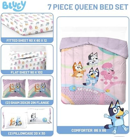Bluey Bingo Queen Comforter Set 7 Piece Kids Bedding for Girls, Pink