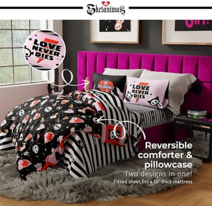 Skelanimals Bedding 7 Piece Full Bed Set, Soft Checkered Comforter and Sheet Set with Sham, Kit The Cat, (Officially Licensed Product) by Franco Collectibles