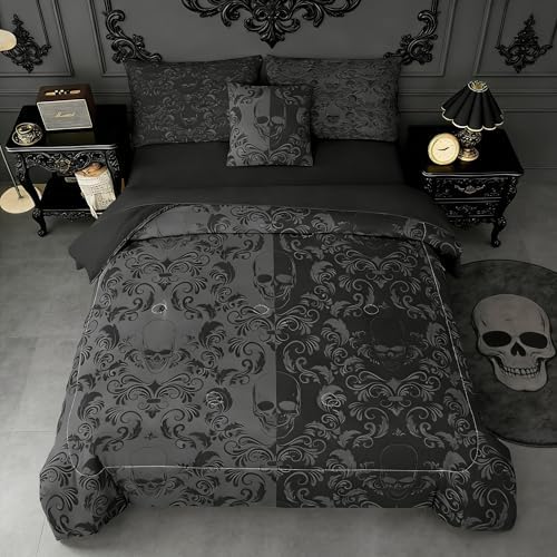 6pc Skull Comforter Set,Queen Size Gothic Bedding Sets for Kids,Gothic Comforter Set with 1 Quilt+1 Flat Sheet+1 Fitted Sheet+2 Pillowcases+1 Cushion Cover(Skulls Queen)