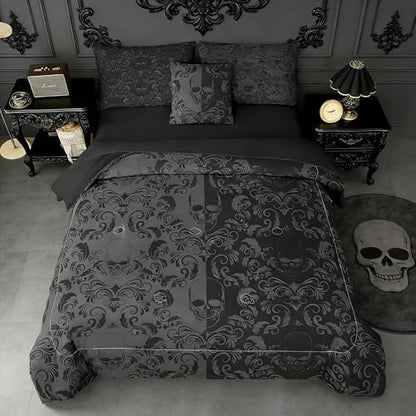 6pc Skull Comforter Set,Queen Size Gothic Bedding Sets for Kids,Gothic Comforter Set with 1 Quilt+1 Flat Sheet+1 Fitted Sheet+2 Pillowcases+1 Cushion Cover(Skulls Queen)
