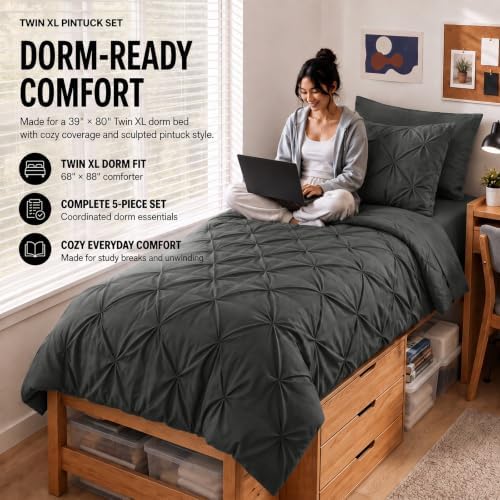 HIMEET Twin XL Comforter Set Dark Grey - 5 Pieces Pintuck Bed in a Bag