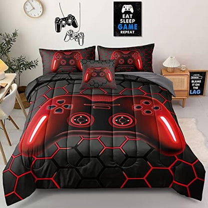 6 Pieces Gaming Bedding Set Full Size for Boys Gamer Comforter Set for Boys Girls Kids Teens 6 Piece Bed in A Bag Video Game Bedding for Gamer Room Decorative Full46