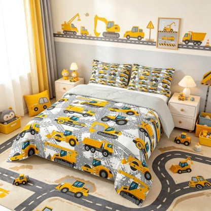 Castle Fairy Boys Cartoon Truck Bedding Set Kids Construction Cars Comforter for Kids Children Machinery Vehicles Comforter Set Construction Site Cars Duvet Set King Size 3Pcs