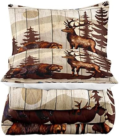LUVIVIHOME 2PCS Brown Bear Deer Comforter Set Twin Size, Rustic Cabin Bedding, Pine Tree Forest Animal Elk Moose Wildlife Country Lodge Farmhouse Quilt, Hunting Gifts for Men Hunters, 1 Pillow Sham