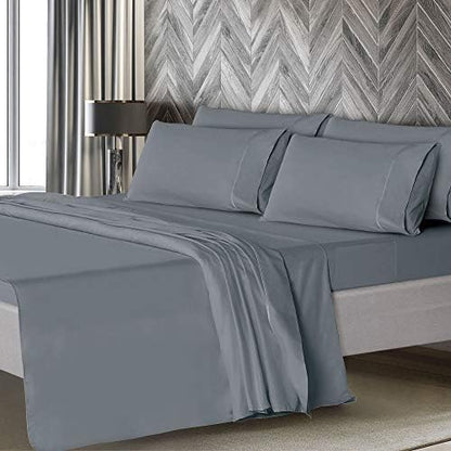 Mueller Luxury 6 PC Full Size Bed Sheets, Super Soft, Deep Pocket up to 16" Full Size Sheets, Transfers Heat, Breathes Better, Hypoallergenic, Wrinkle-Resistant, Oeko-TEX, Light Grey