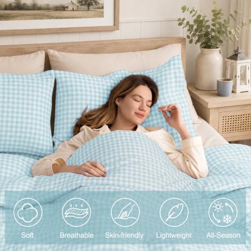Twin XL Comforter Set, Soft Seafoam Gingham Plaid Bedding, 3 Pieces