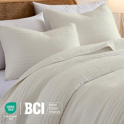 palassio Striped Beige 100% Cotton Quilt Queen Size Bedding Sets, Lightweight Crinkly Channel Pick Stitch Textured Bedspread Soft Shabby Chic Farmhouse Country Coverlet for All Season, 2 Shams