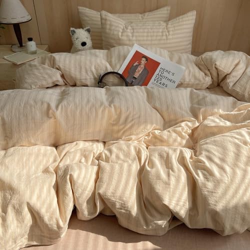 mixinni Striped Comforter Set King Size - Beige Comforter with Black White Stripes Pattern, 3 Pieces All Seasons Bedding Set, Soft Breathable Vintage Farmhouse Comforter with Pillowcases