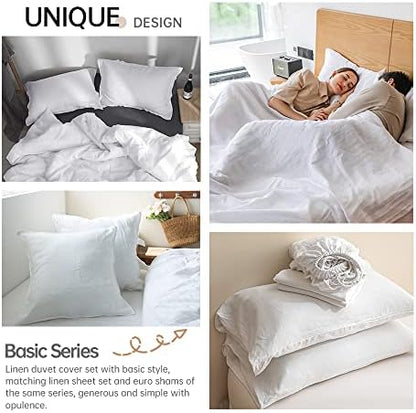 Simple&Opulence 100% Linen Duvet Cover Set 3pcs Basic Style Natural French Washed Flax Solid Color Soft Breathable Farmhouse Bedding with Button Closure - White, King