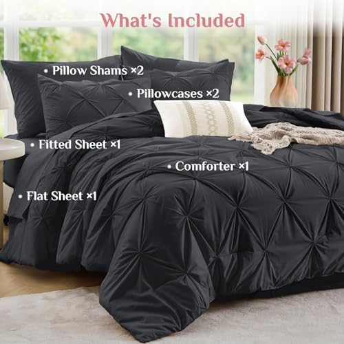 JOLLYVOGUE King Size Comforter Set 7 Pieces - Bed in a Bag King for All Season, Pintuck Bedding Comforter Sets with Comforter, Flat Sheet, Fitted Sheet and Pillowcases & Shams, Dark Grey
