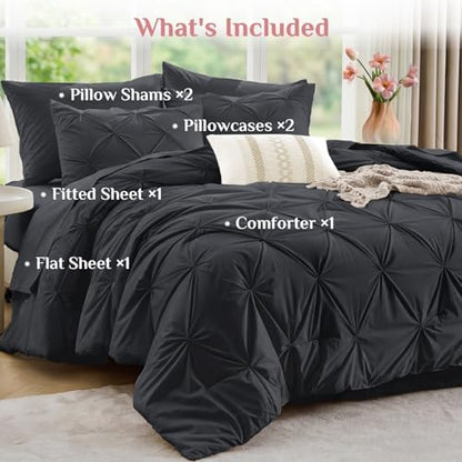 JOLLYVOGUE Queen Comforter Set 7 Pieces - Bed in a Bag Queen for All Season, Pintuck Bedding Comforter Sets with Comforter, Flat Sheet, Fitted Sheet and Pillowcases & Shams, Dark Grey