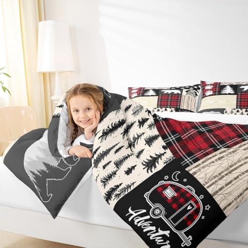 Bear Comforter Set King Size,Pine Trees Animals Hunting Bedding Set for Kids Boys Girls Adults Room Decor,Camping Adventure Rustic Farmhouse Down Comforter,Red Plaids Duvet Insert,2 Pillowcases