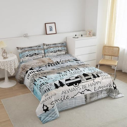Happy Camping Camper Kids Comforter Set King Size,Rustic Farmhouse Adventure Cabin Bedding Set,Girls Boys Room Decor,Wooden Plank Cottage Lake House Quilt Comforter,Vintage Duvet Insert,2 Pillowcases