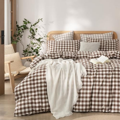 BESTOUCH Gingham Cotton Duvet Cover Set Cocoa Brown Oversized Full