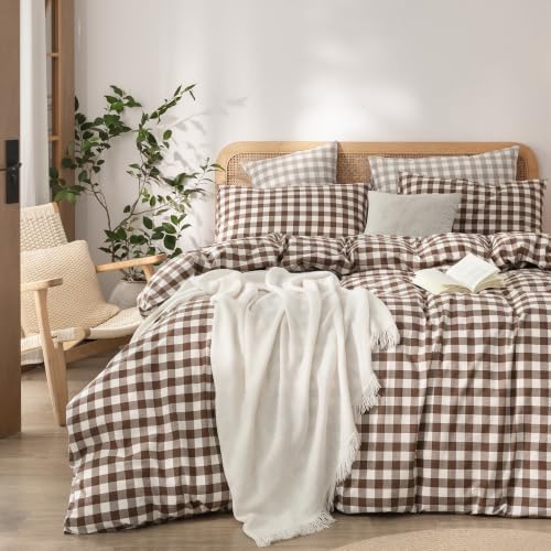 BESTOUCH Gingham Cotton Duvet Cover Set Cocoa Brown Twin