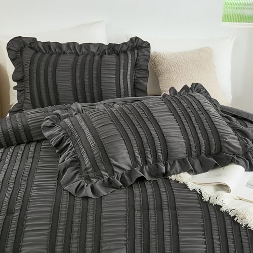 WONGS BEDDING Queen Comforter Set,Dark Grey Boho Comforter Set Queen,Shabby Chic Bedding Set for Bed, 3 Pieces Soft Lightweight Farmhouse Comforter for All Season 90"×90"